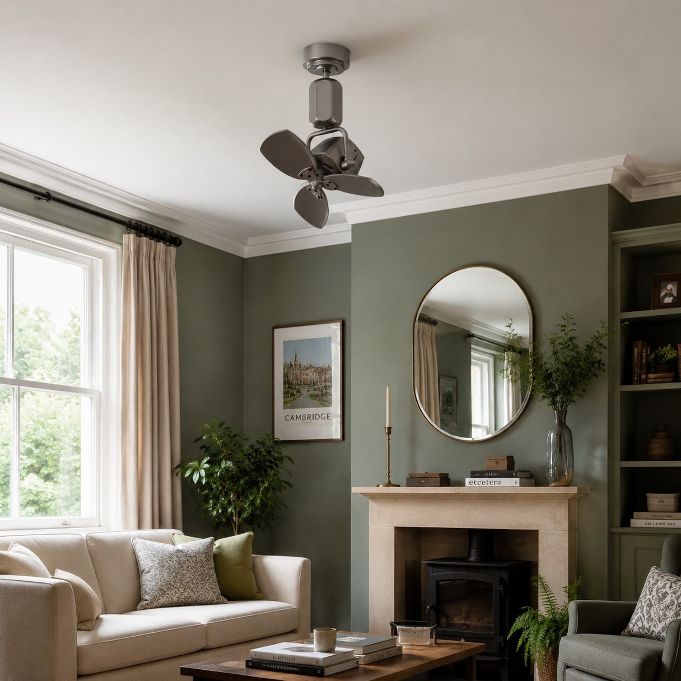 Compact ceiling fan installed in a curtained living room