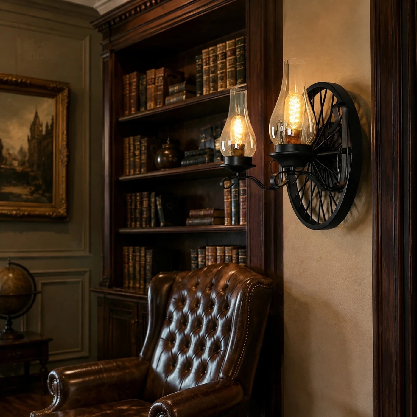 Black two-light wagon wheel wall sconce installed in a vintage library