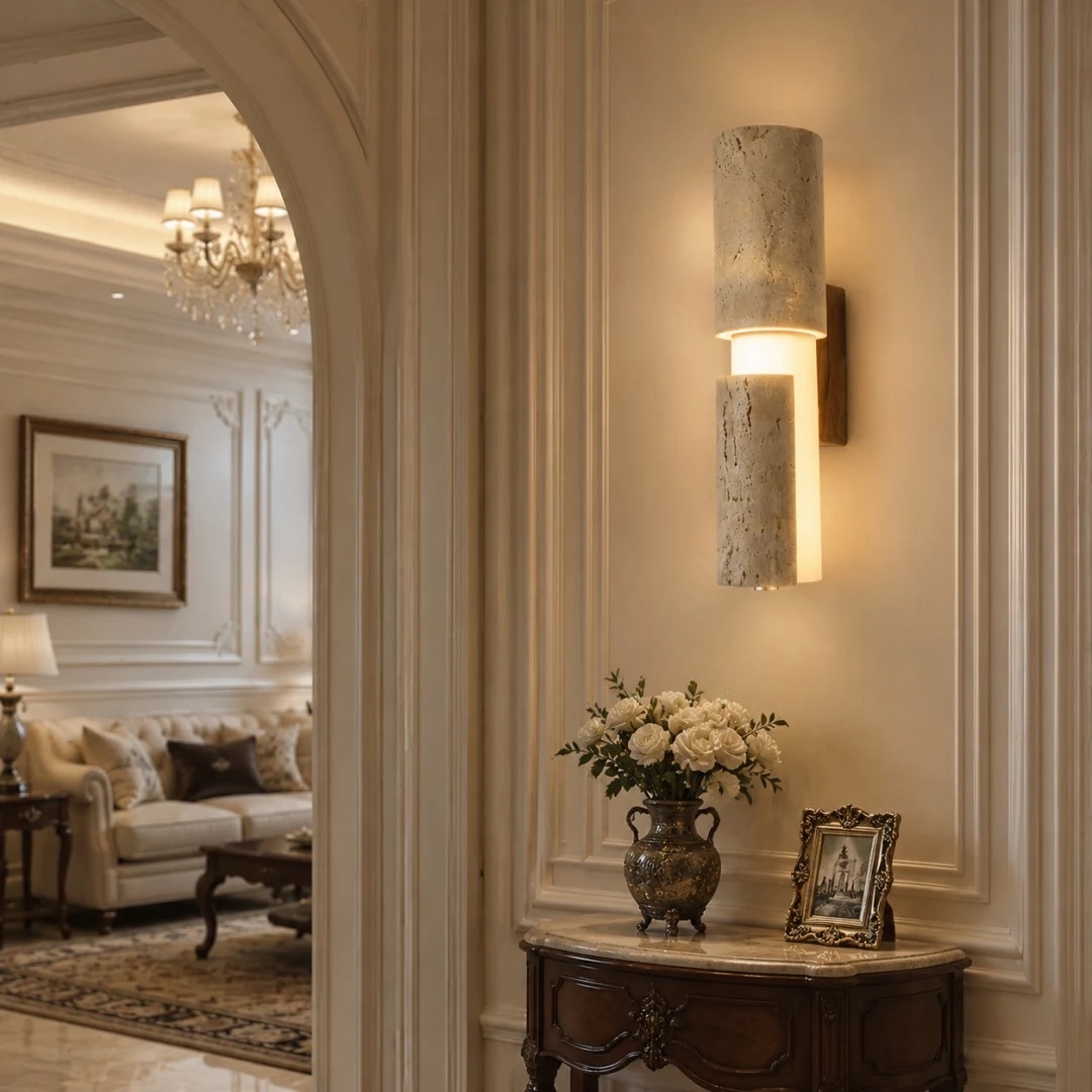 Single travertine acrylic wall lamp installed beside a living room opening