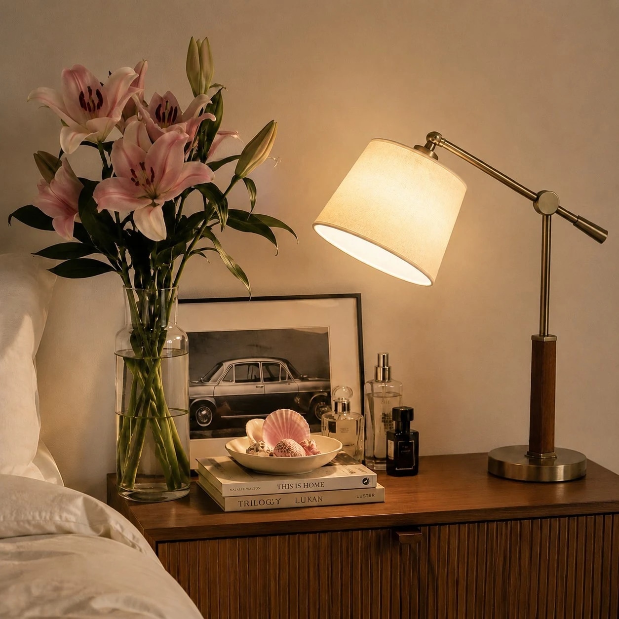 swing arm table lamp in a styled room