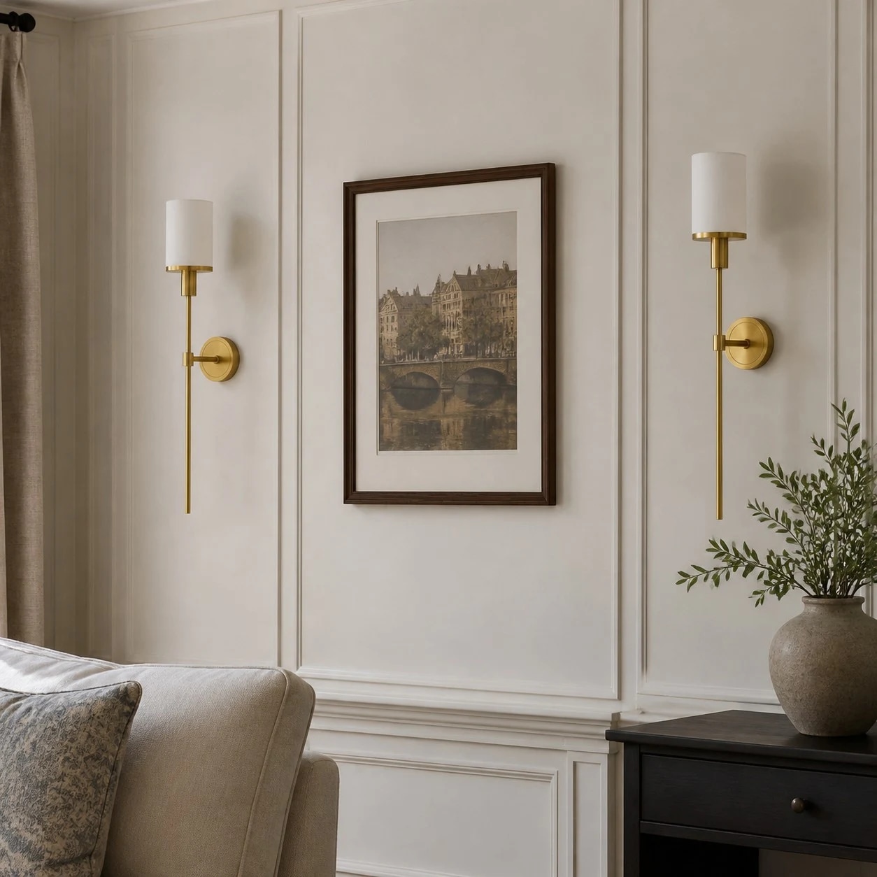 Natural brass wall sconce in a corner setting