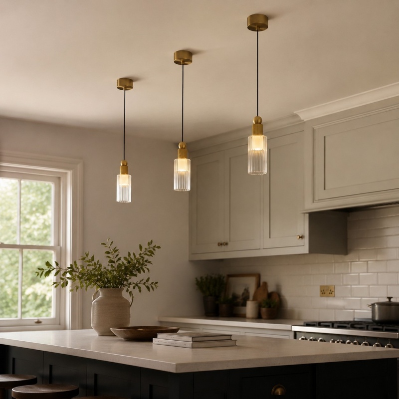 Natural copper mini pendant lights over a kitchen island