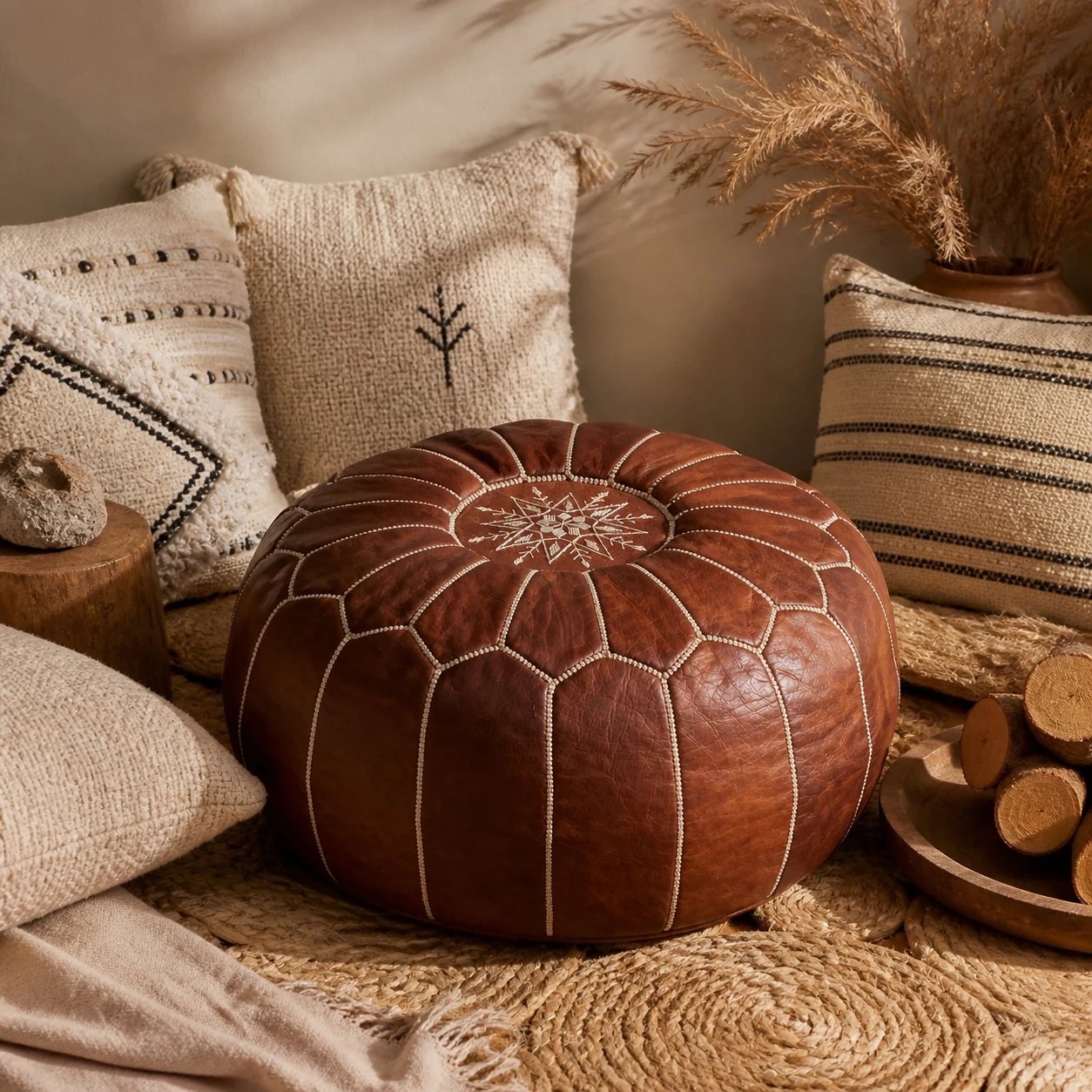 brown Moroccan pouf room scene