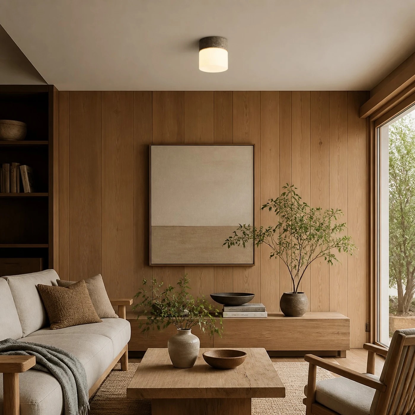 Travertine flush mount light adding warm light to a compact lounge