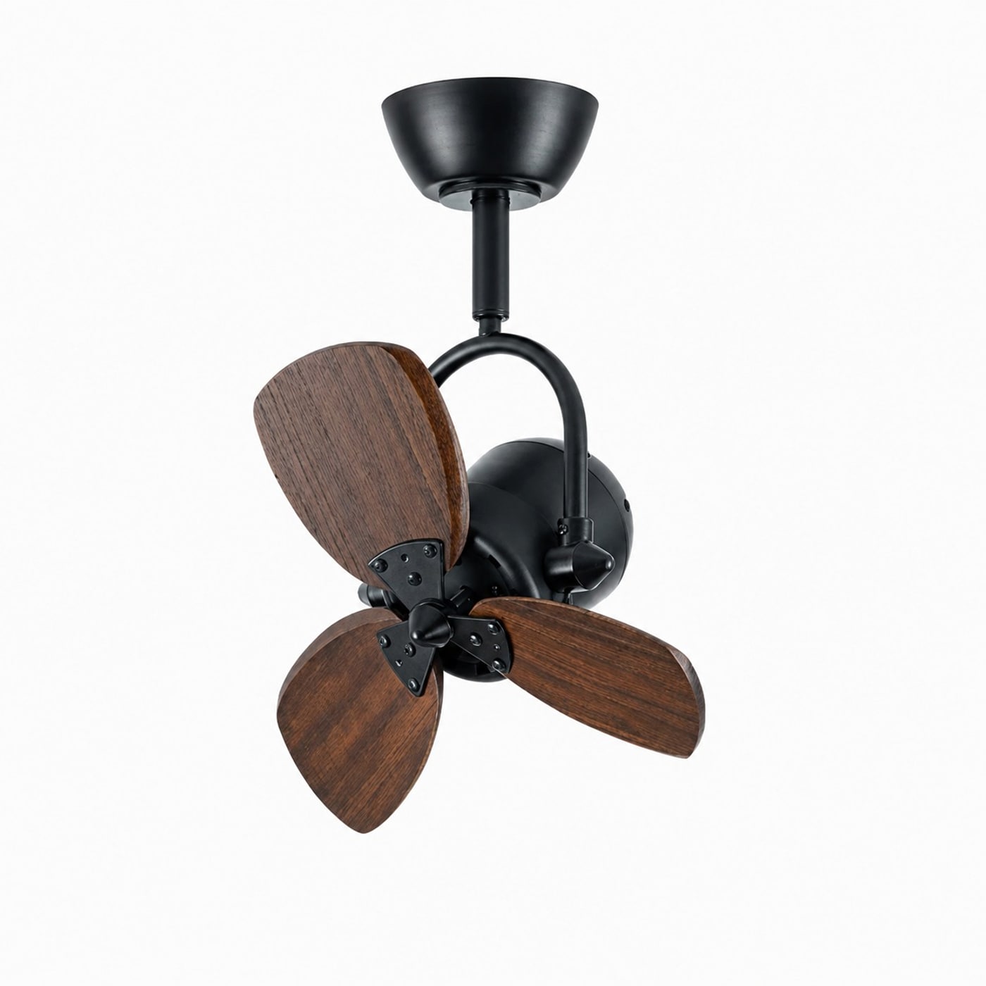 Fixed compact fan in black with dark wood grain blades