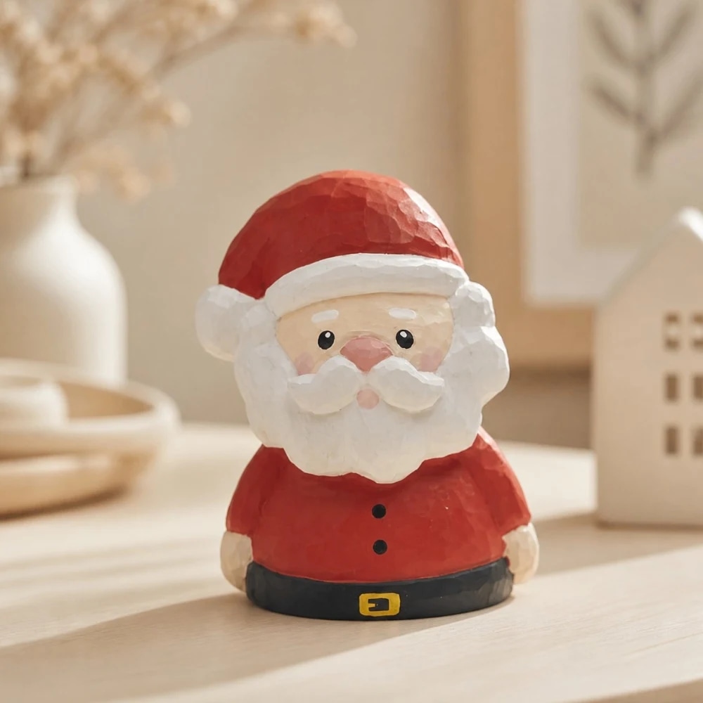 Wooden Santa ornament styled on a holiday tabletop