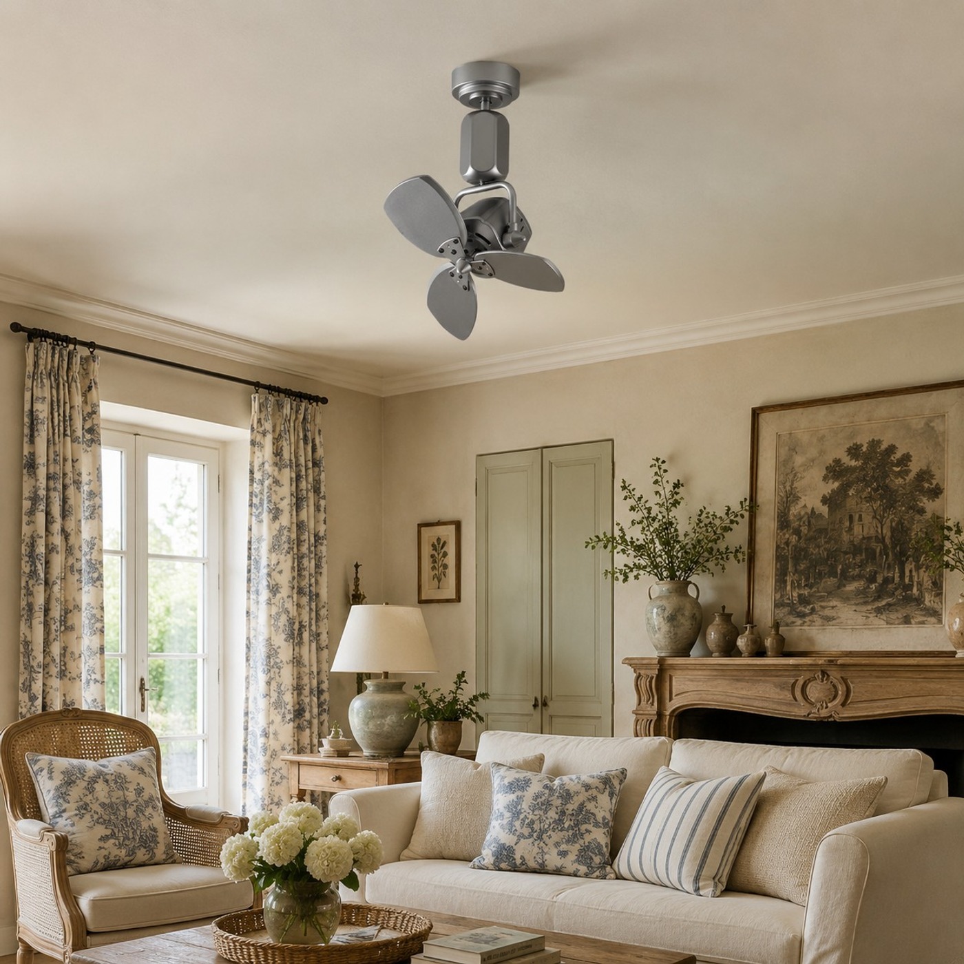 Compact ceiling fan in a classic living room with cream sofa