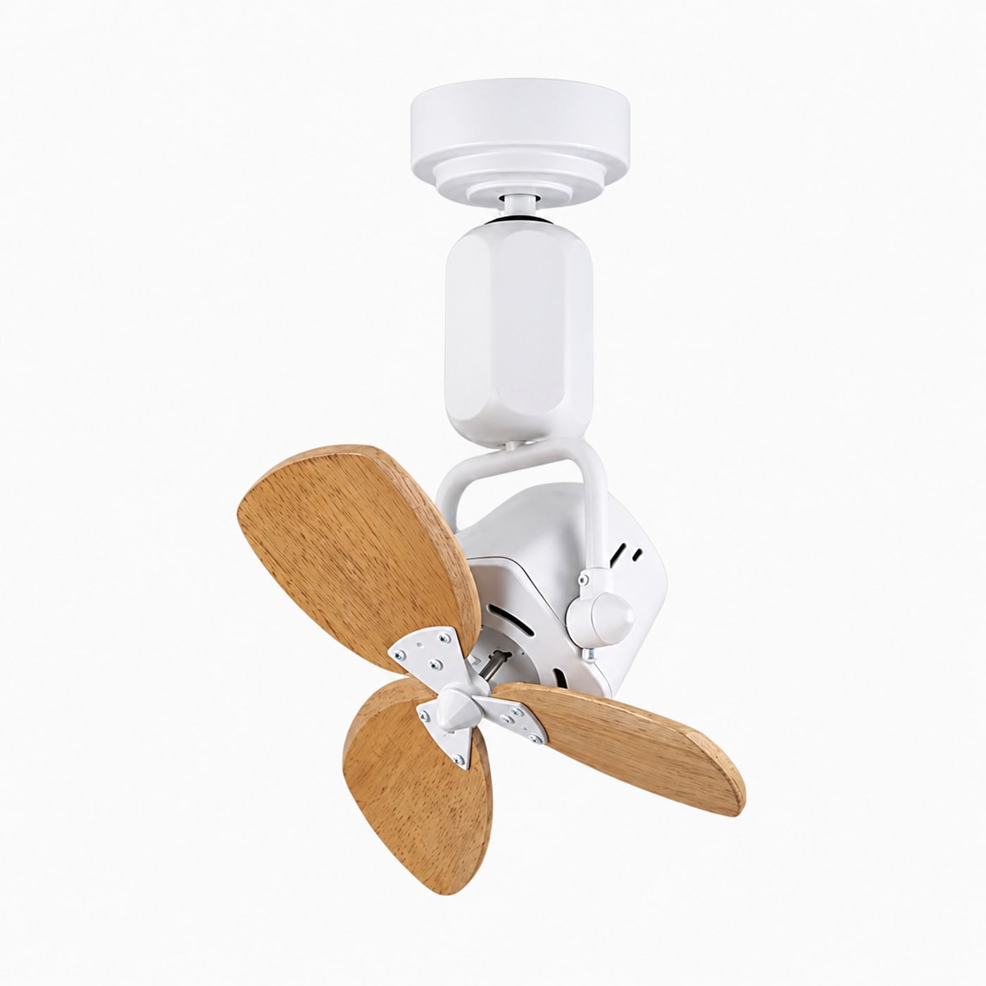 Wall and ceiling compact fan in white with light wood grain blades