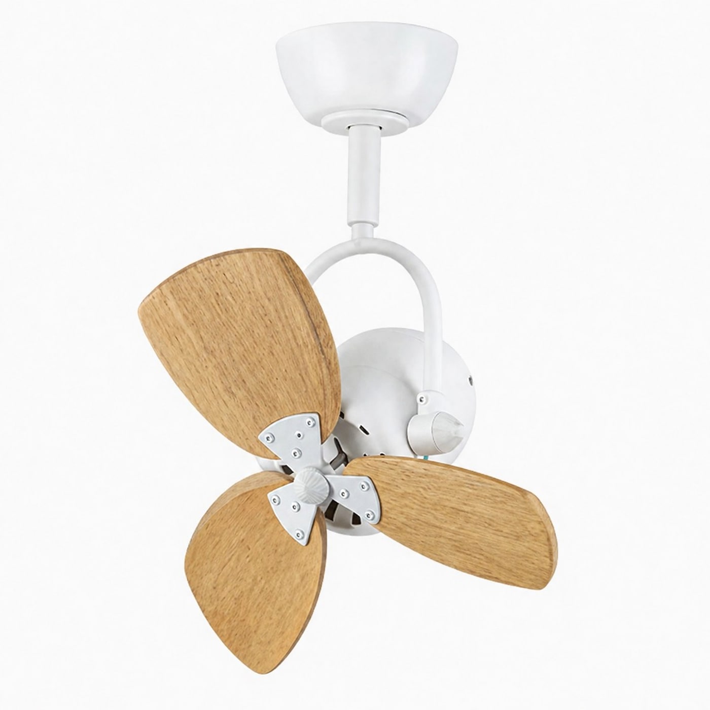 Fixed compact fan in white with light wood grain blades