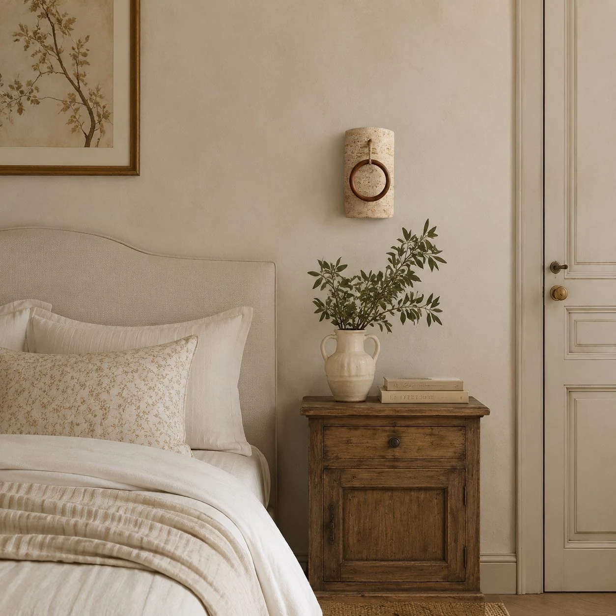 Travertine wood ring wall sconce detail