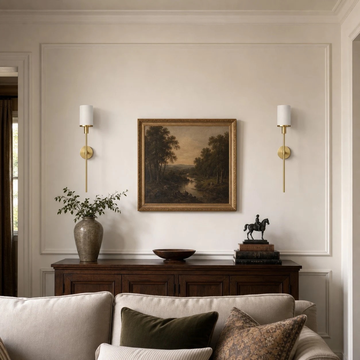 Natural brass wall sconces beside a sofa