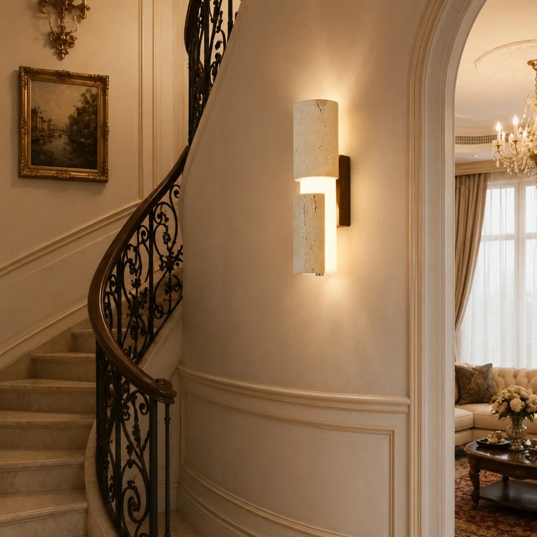 Travertine wall lamp installed beside a staircase wall