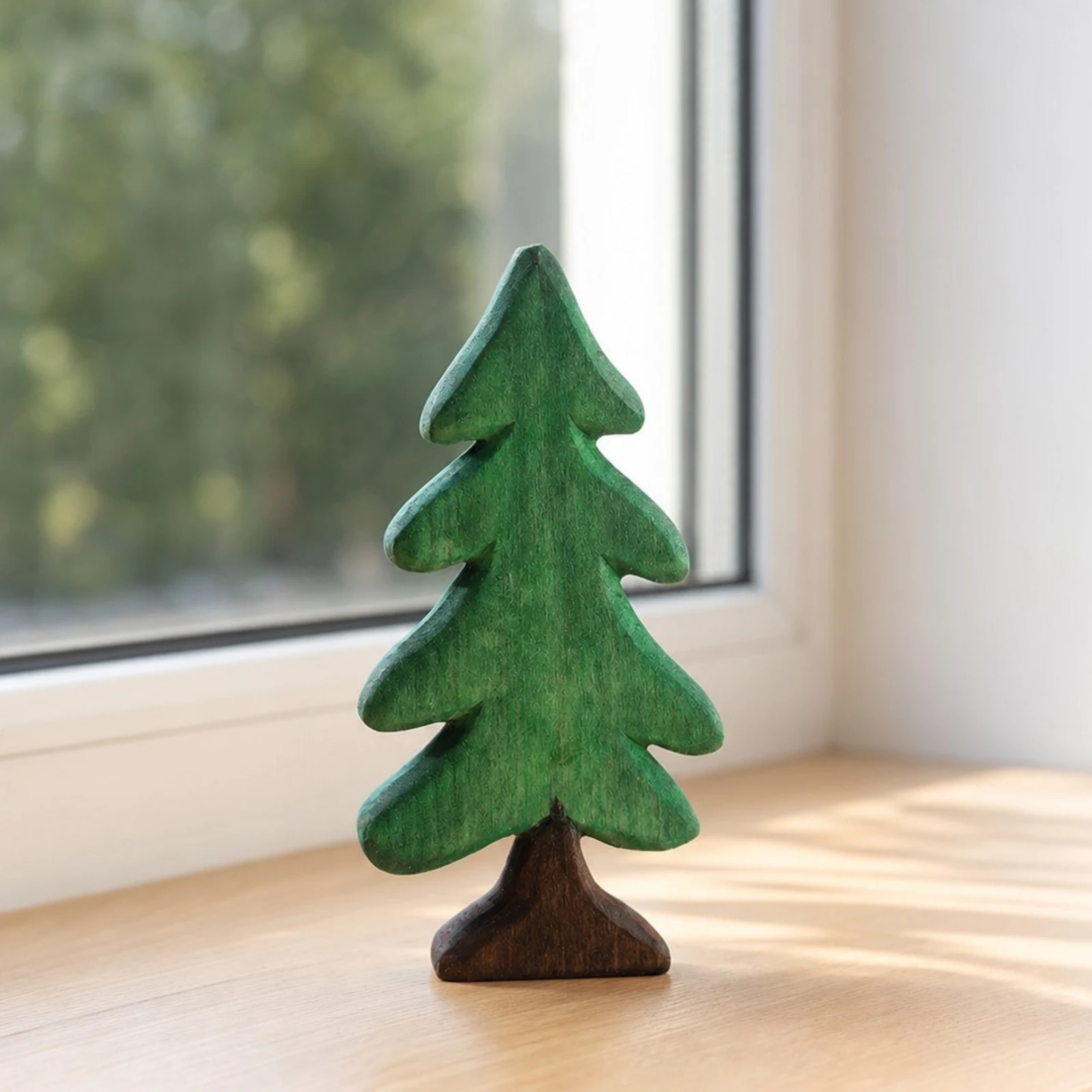 Green wooden pine tree ornament beside a window