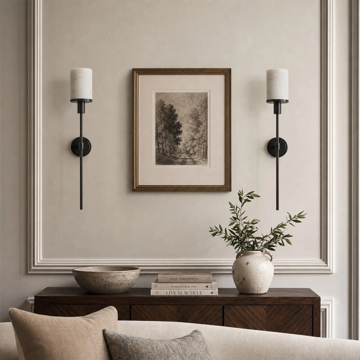 Wall sconces installed in a living room