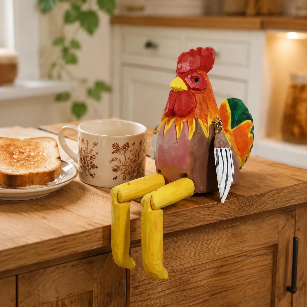 Hand-carved wooden rooster ornament styled on a tabletop edge
