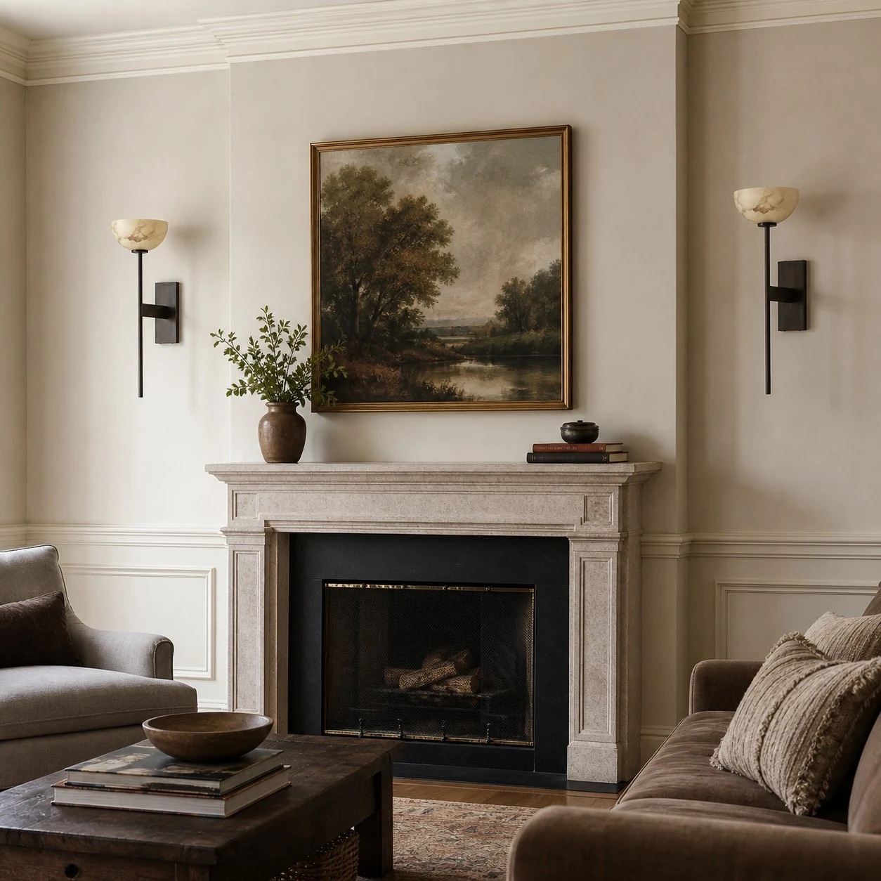 Matte black wall sconces around a fireplace