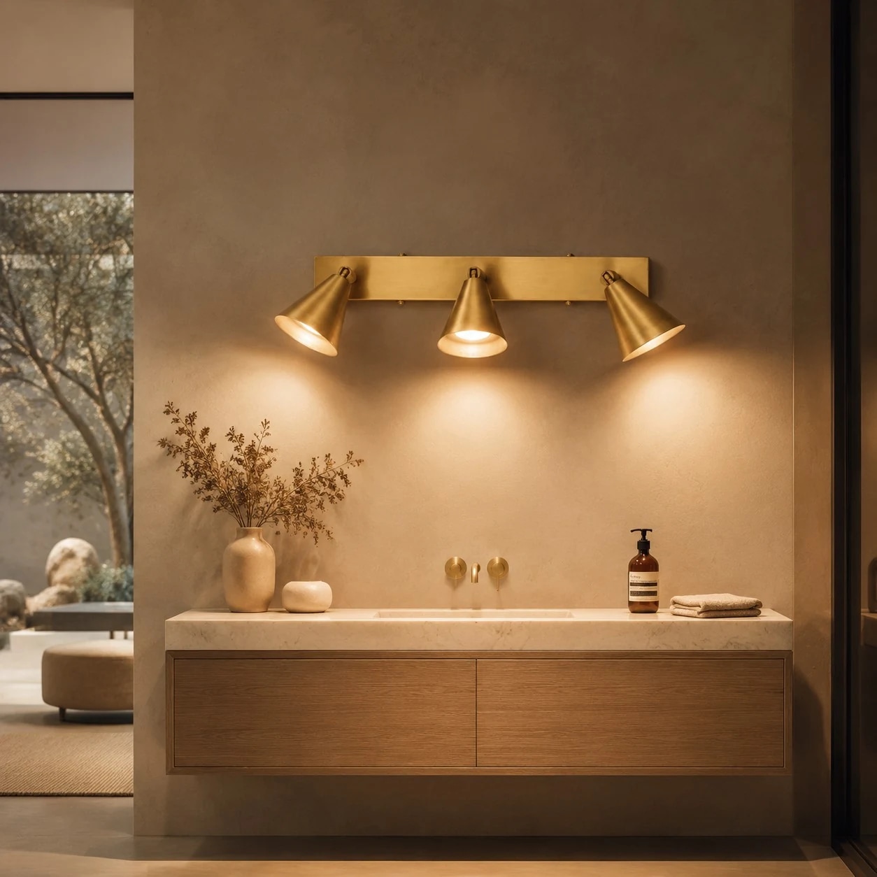 Brass three-head adjustable wall light over a bathroom vanity
