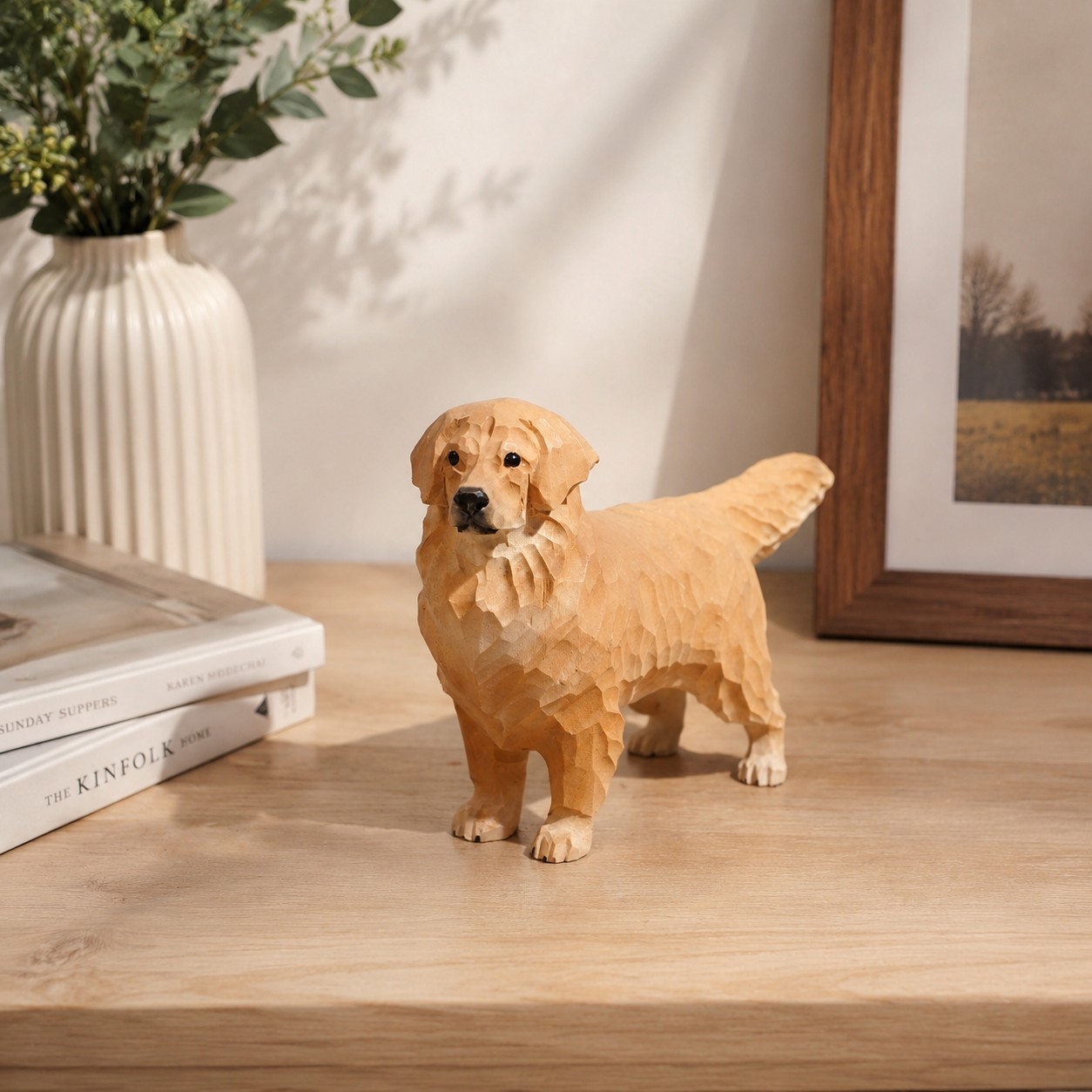 Light wood-tone dog ornament on a desk with decor