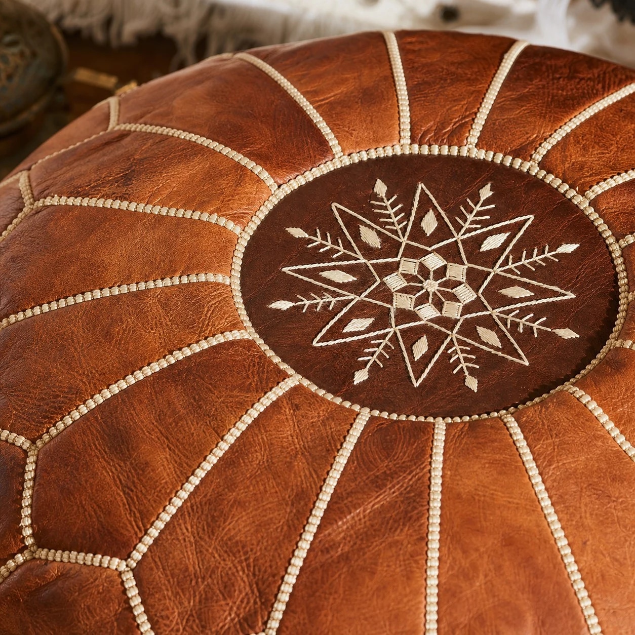 brown Moroccan pouf stitched detail