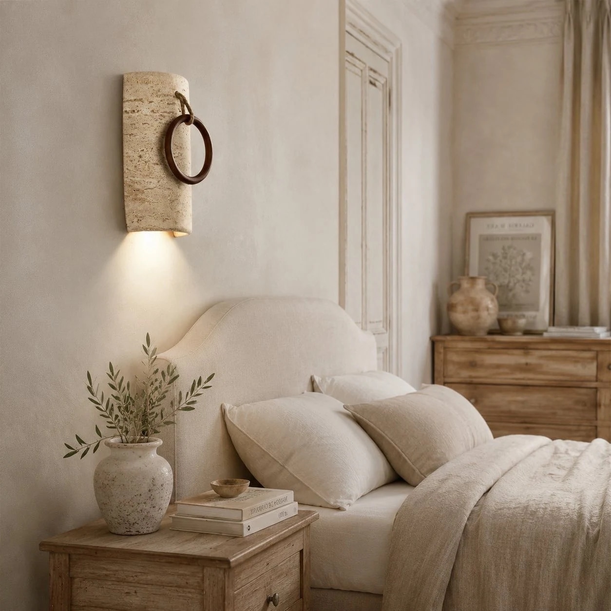 Travertine wood ring wall sconce detail