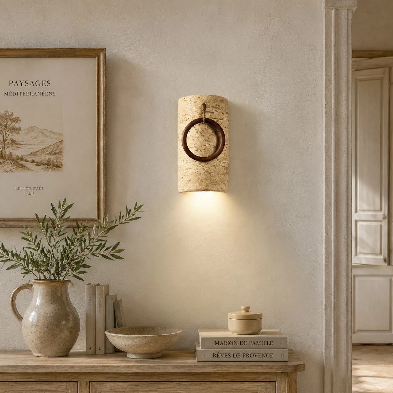 Travertine wood ring wall sconce detail