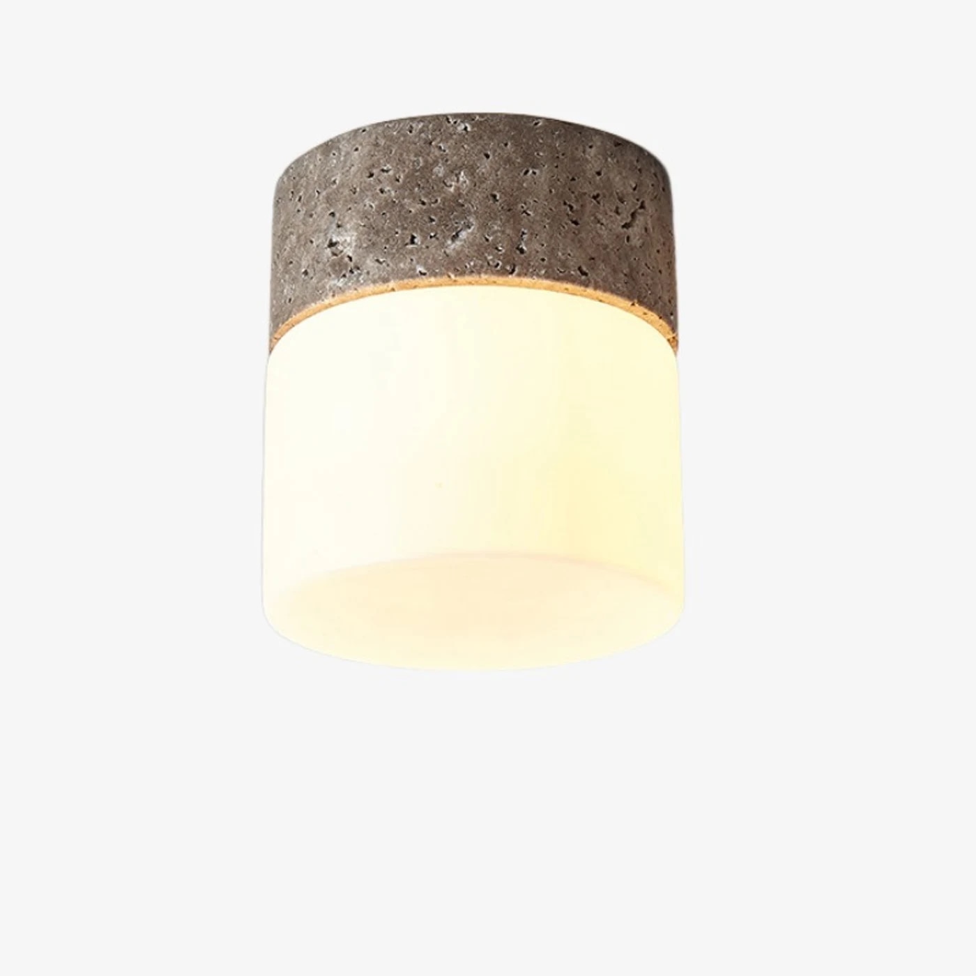 Silver gray travertine flush mount ceiling light with warm glass shade