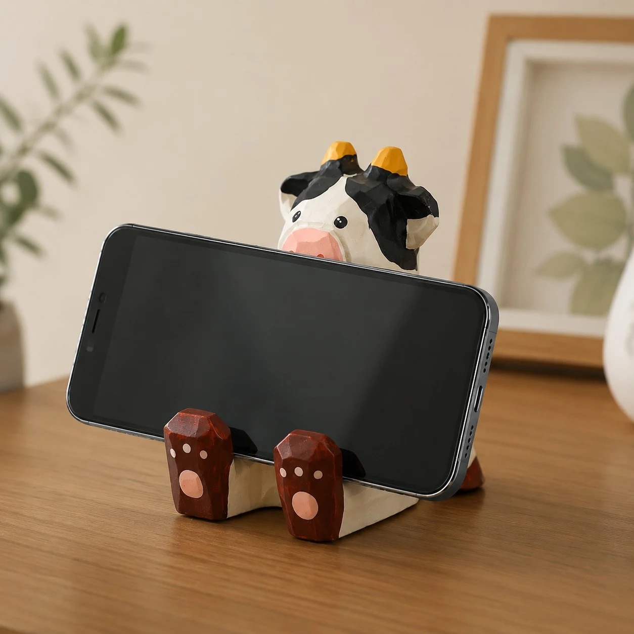 Wooden animal phone stand scene view