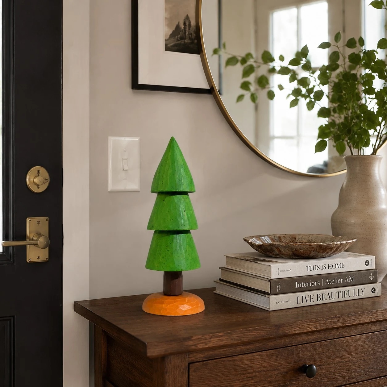 Wooden pine ornament decor view