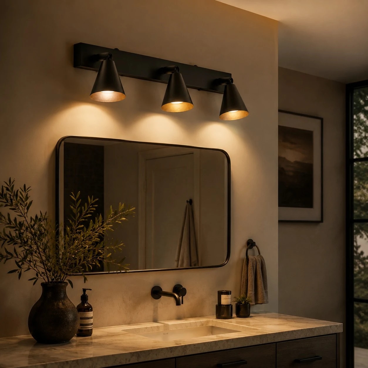 Black three-head adjustable wall light above a bathroom mirror
