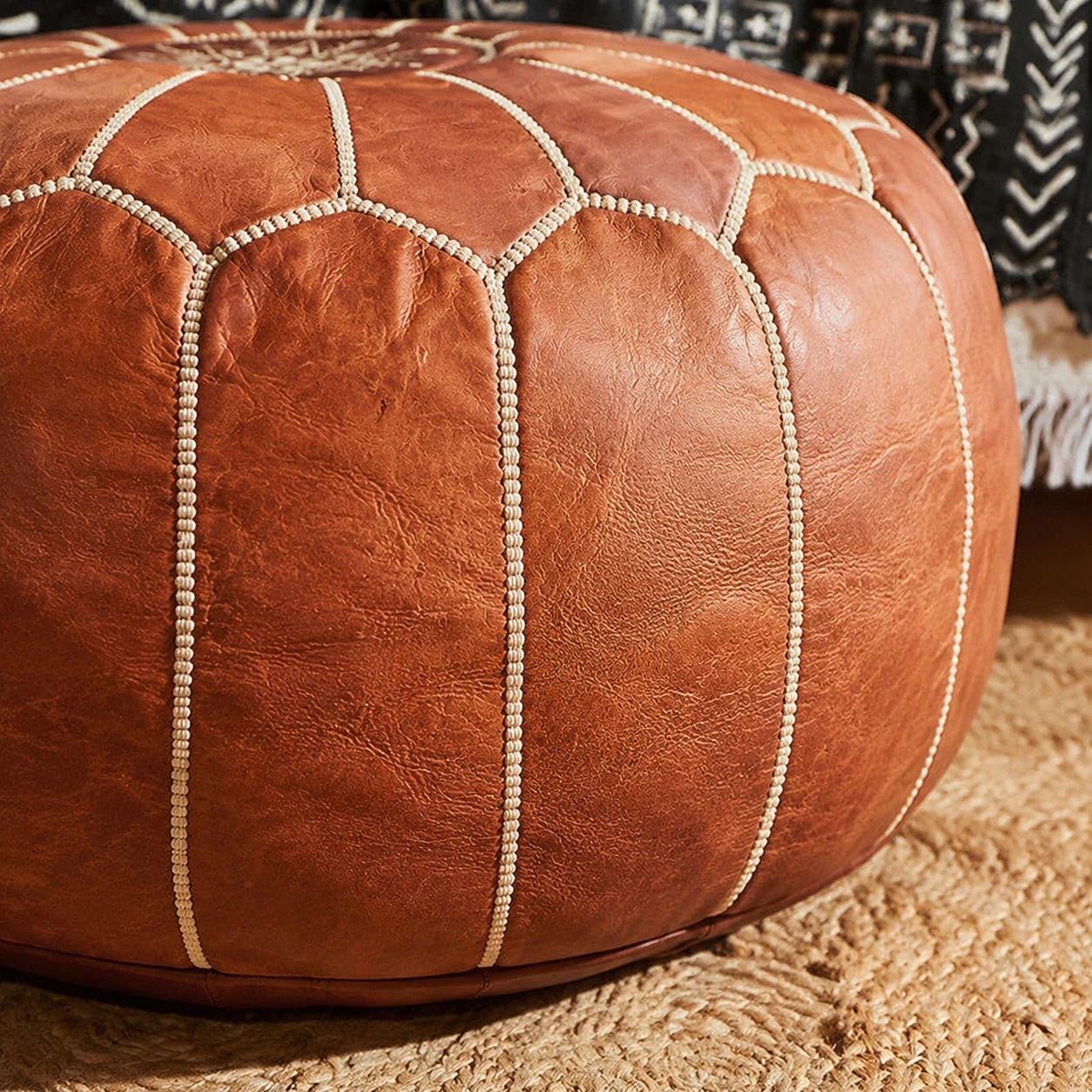 brown Moroccan pouf stitched detail