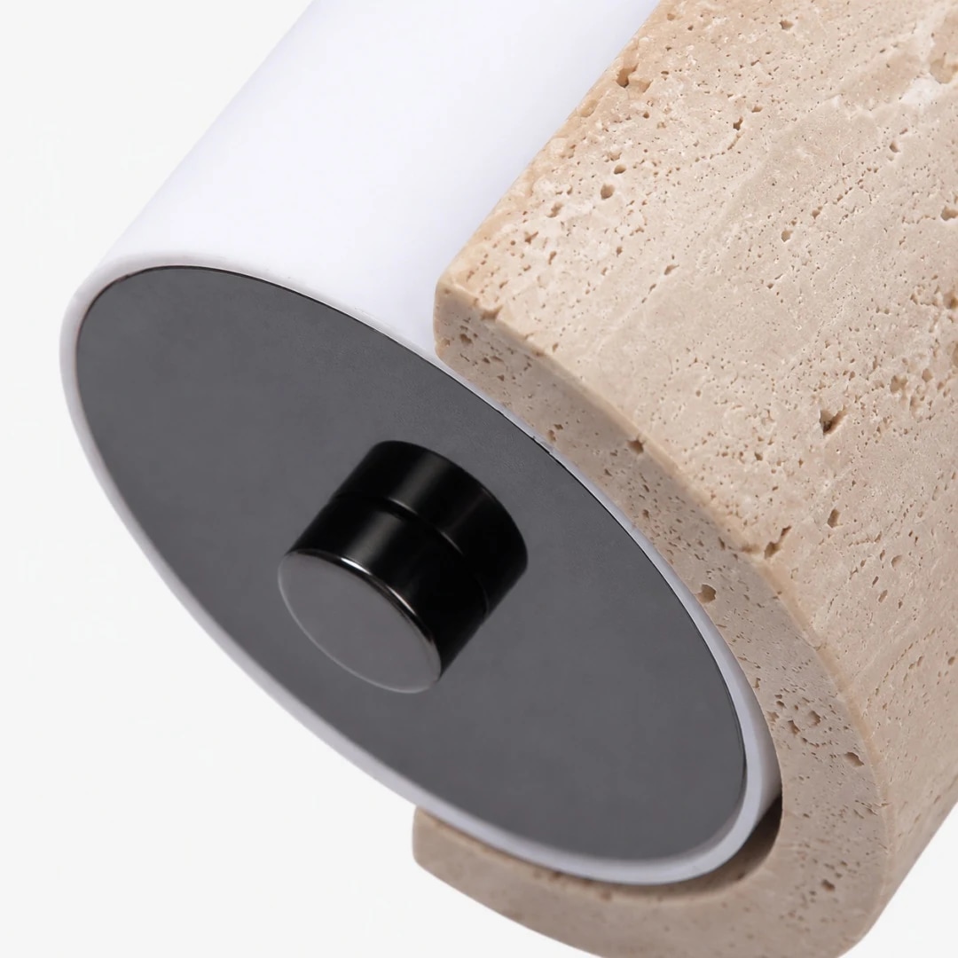Bottom cap and mounting detail of travertine acrylic wall lamp