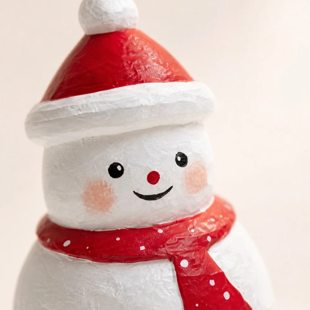 Close detail of handmade wooden snowman face and scarf