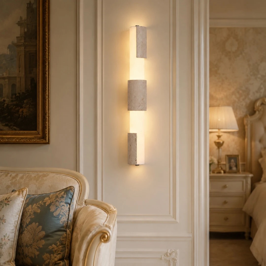 Three-section travertine acrylic wall lamp on a paneled bedroom wall