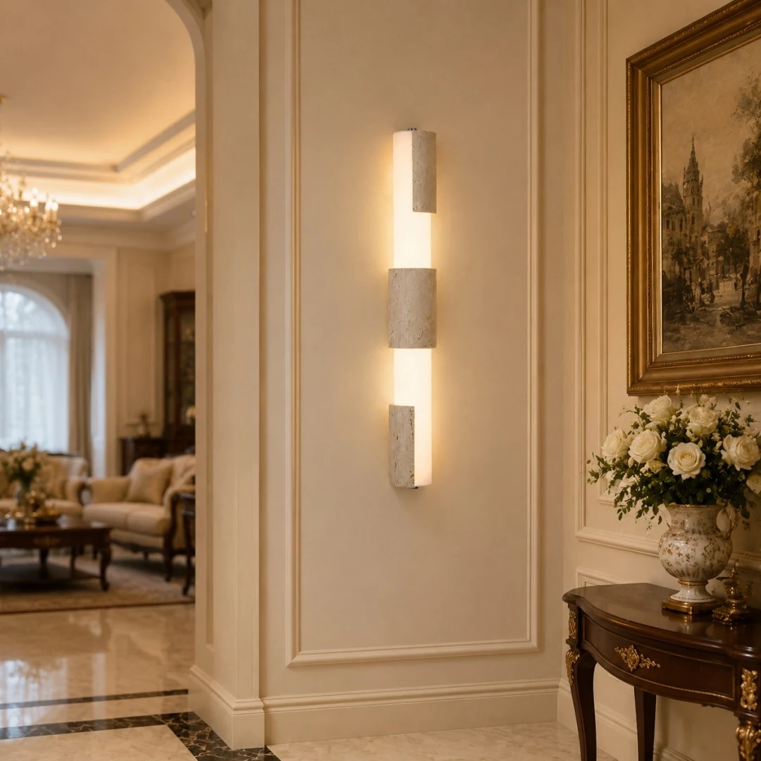 Travertine acrylic wall lamps lighting a warm classic entry wall