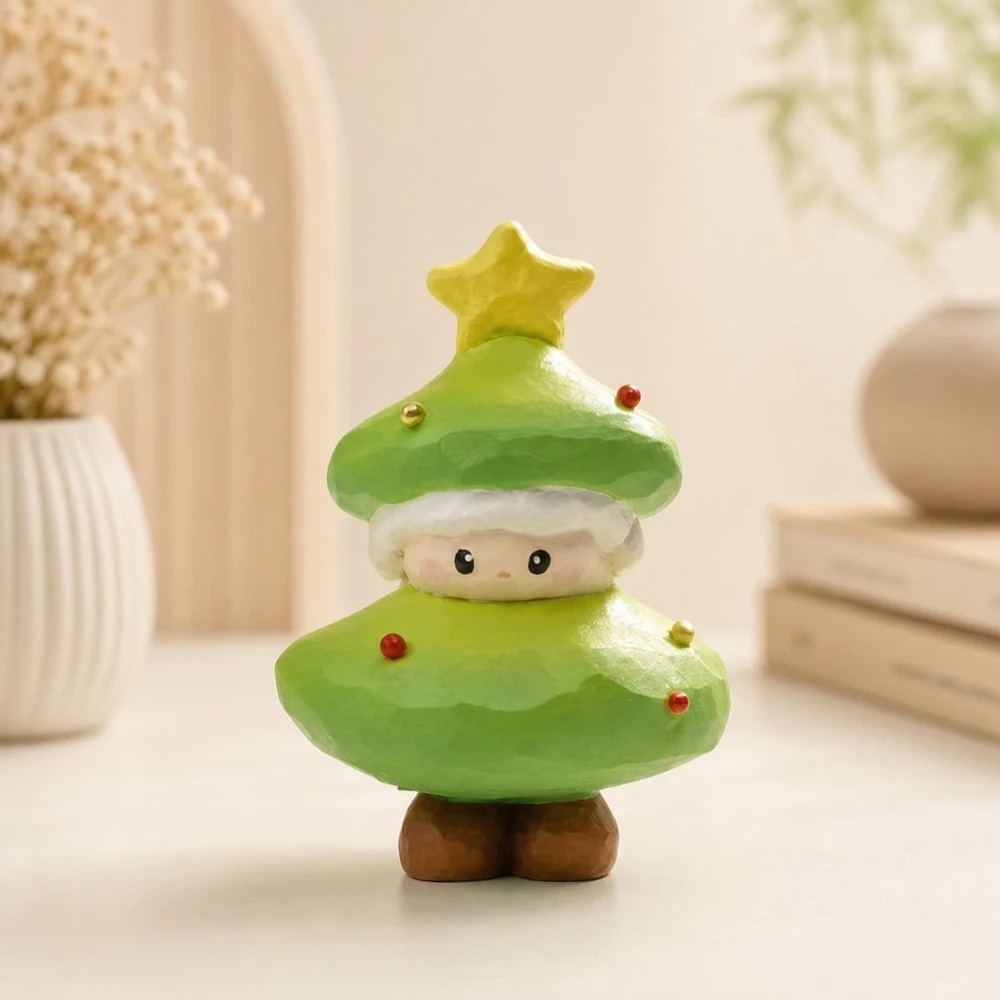Wooden Christmas tree ornament styled on a warm tabletop
