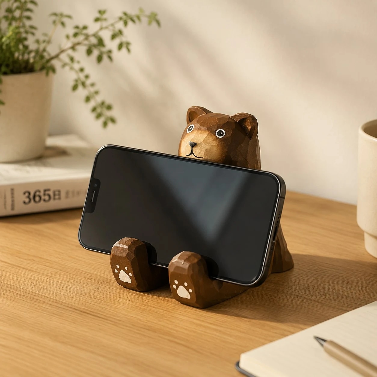 Wooden animal phone stand scene view