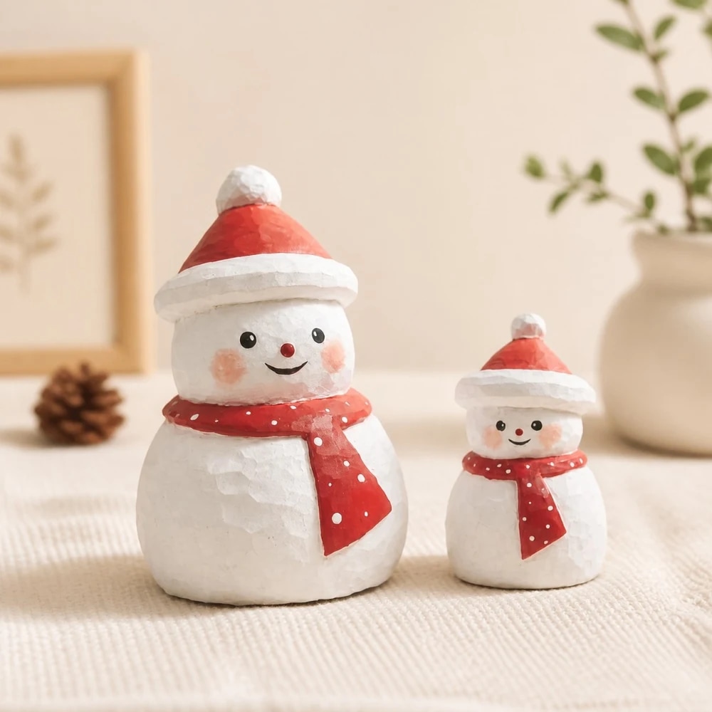 Two wooden snowman ornaments styled with holiday decor
