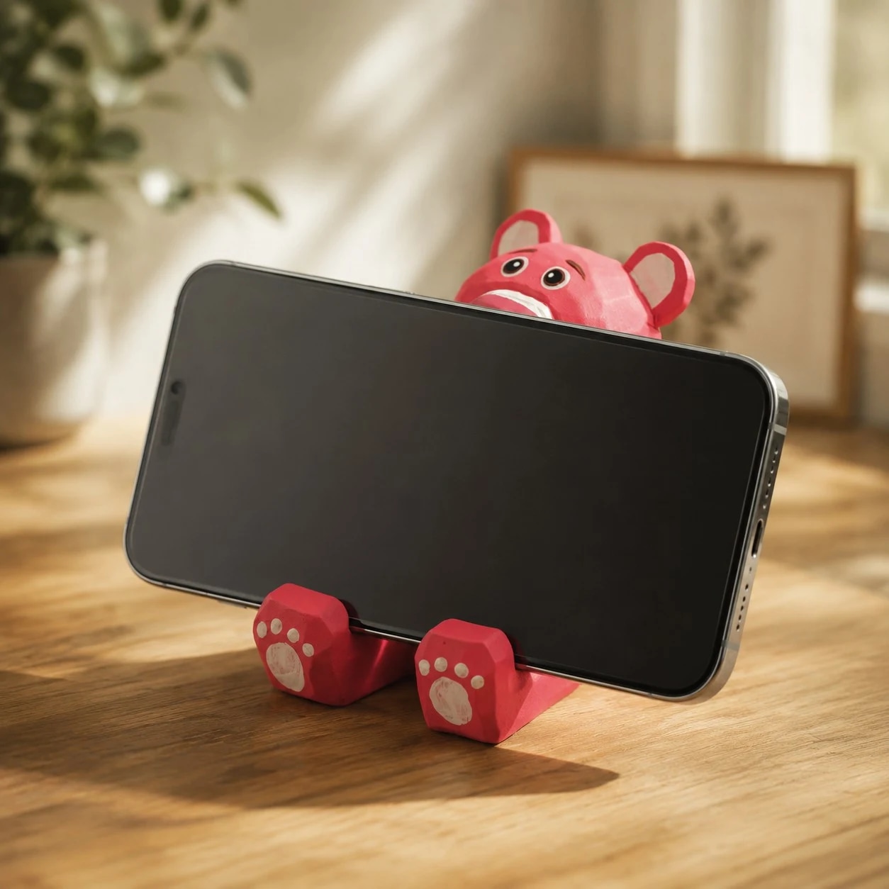 Wooden animal phone stand scene view
