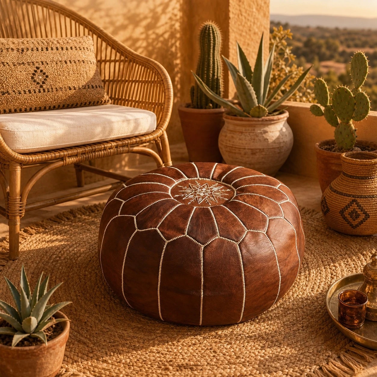 brown Moroccan pouf room scene