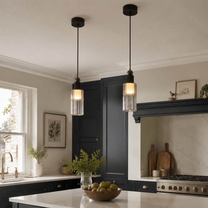 Copper black mini pendant lights in a kitchen interior