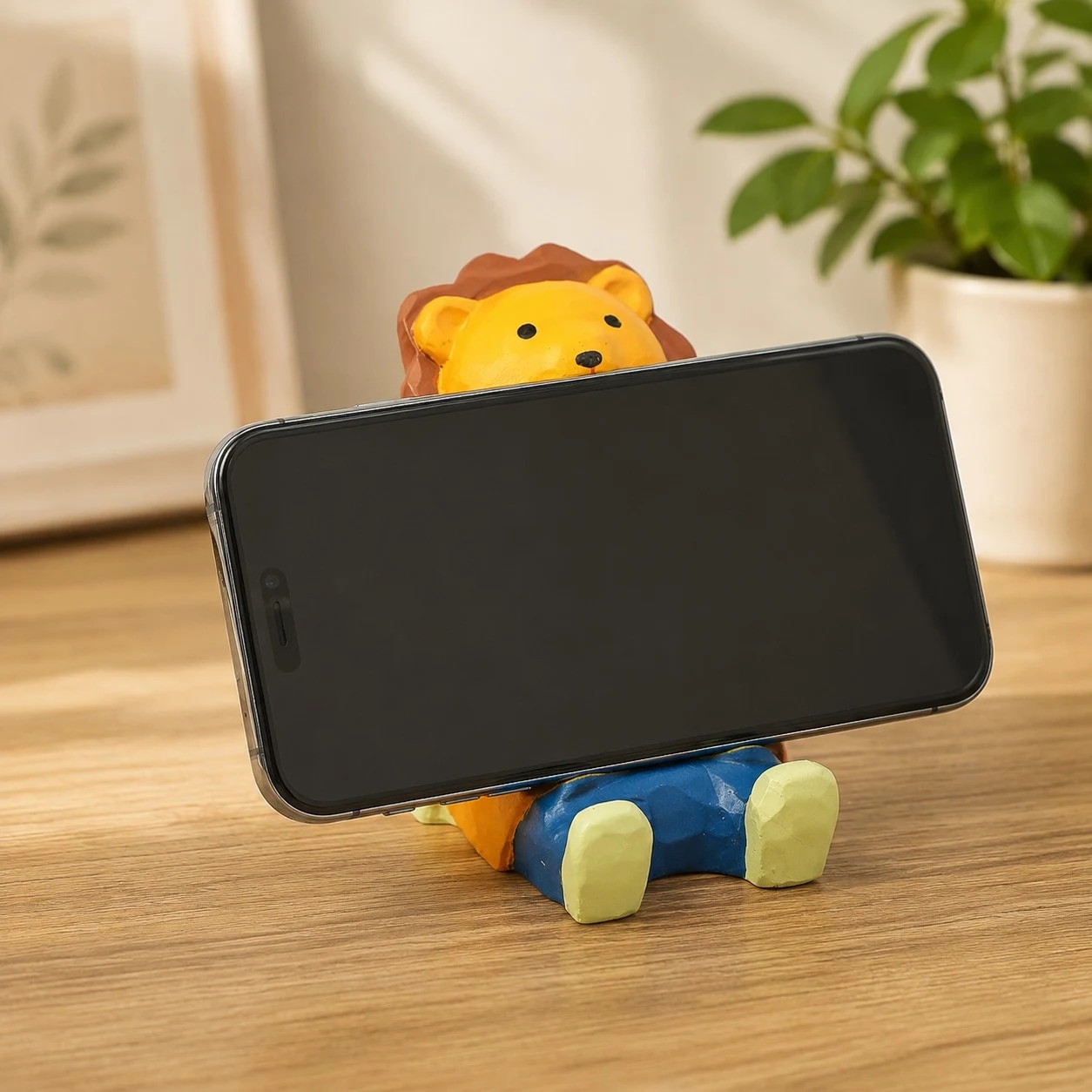 Wooden animal phone stand scene view