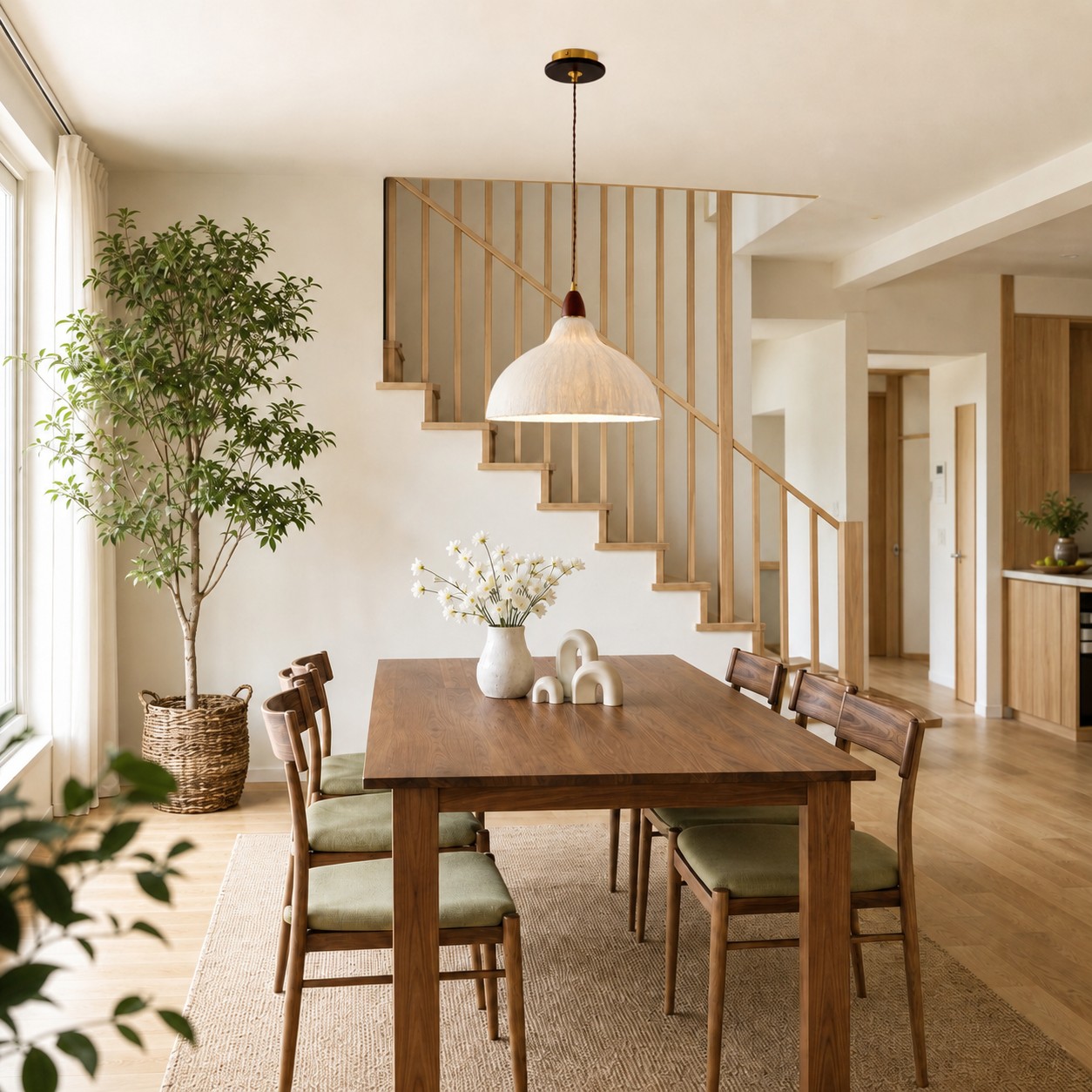 Dome rice paper pendant light in a dining room