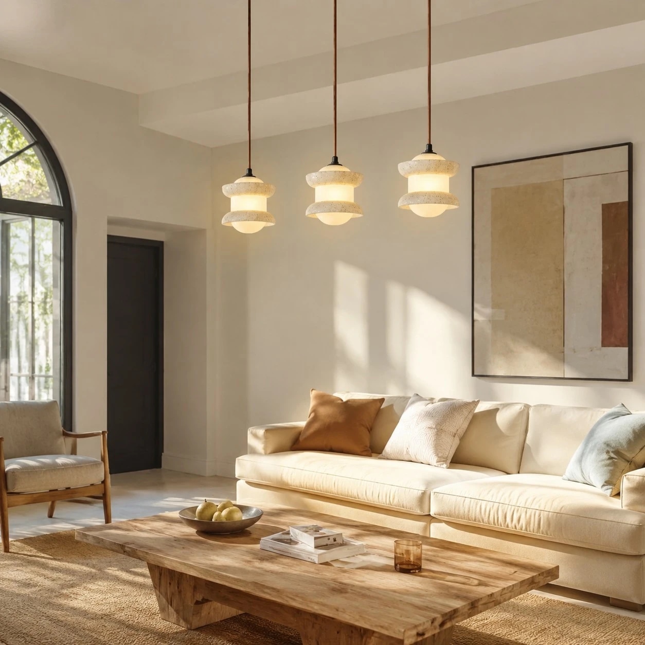 Three-light travertine stone pendant in a warm living room