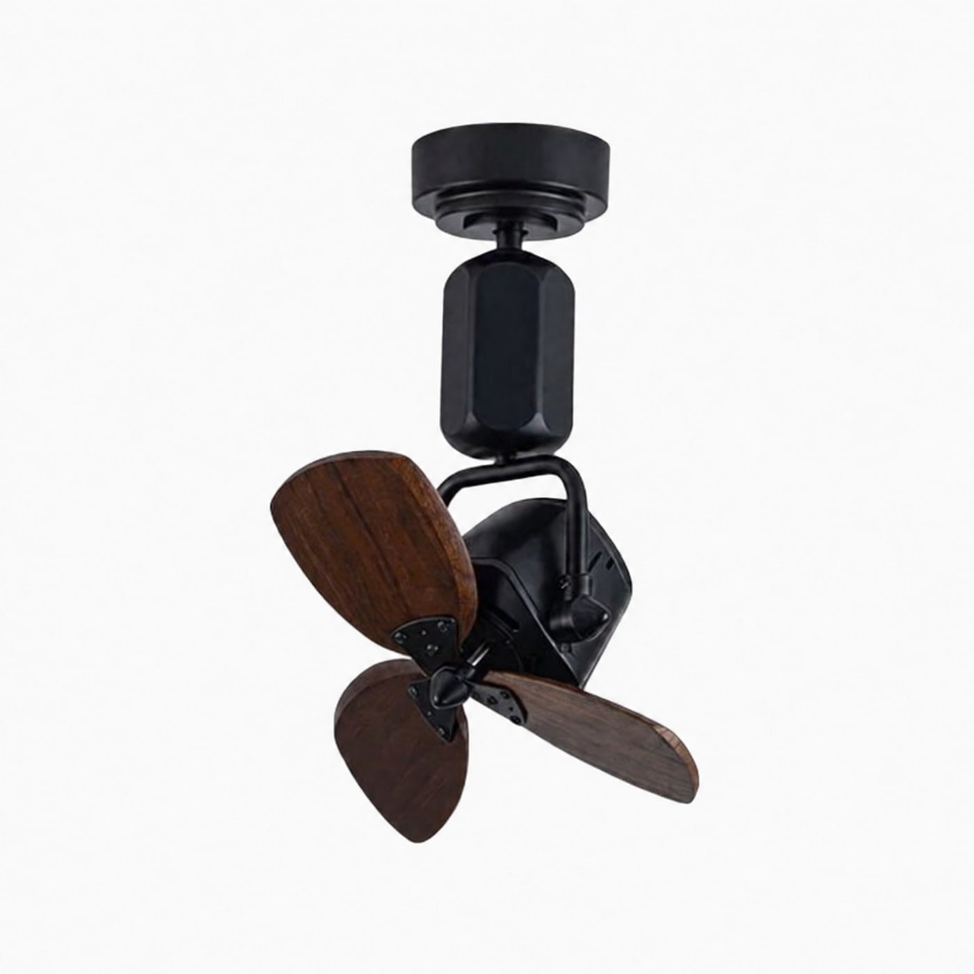 Wall and ceiling compact fan in black with dark wood grain blades