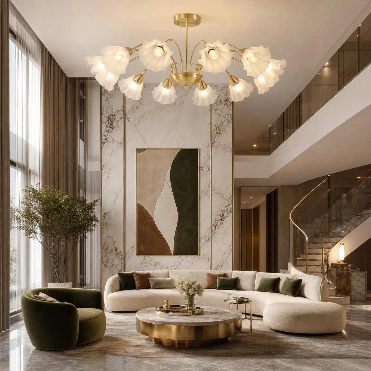 Twelve-arm floral glass chandelier in a spacious double-height living room