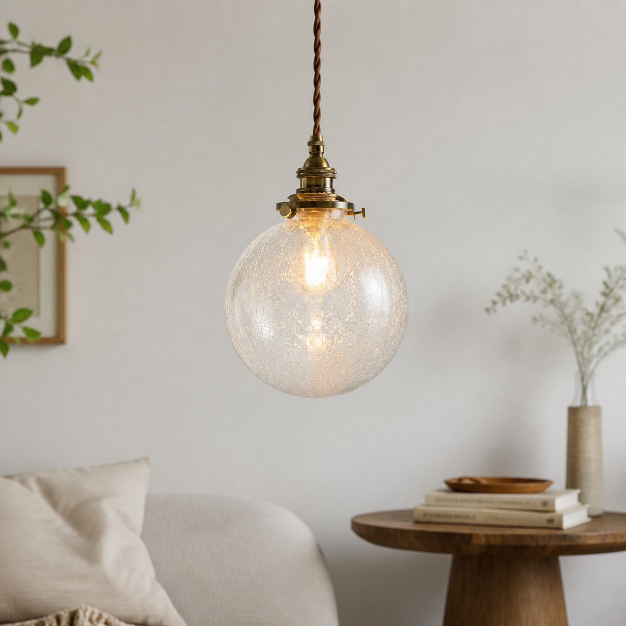 Crackled Glass Globe Brass Pendant Light