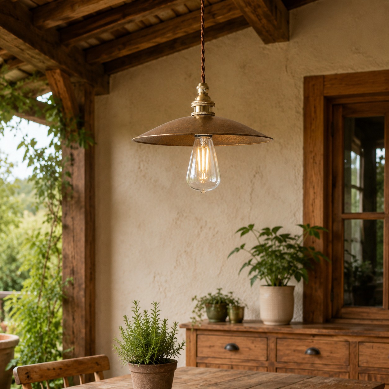 Vintage brass pendant in covered outdoor space