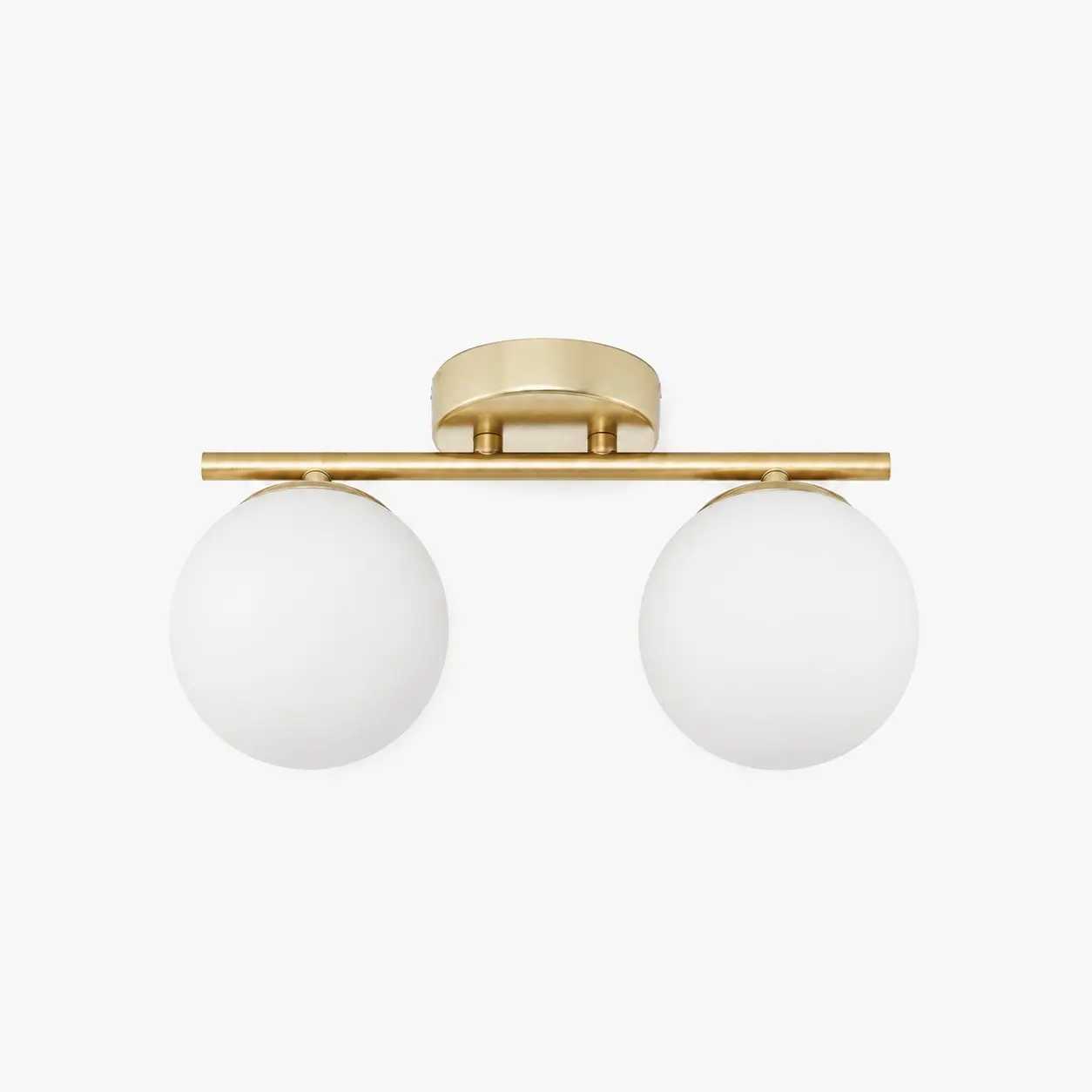 Gold two-light ceiling light with milk glass shades