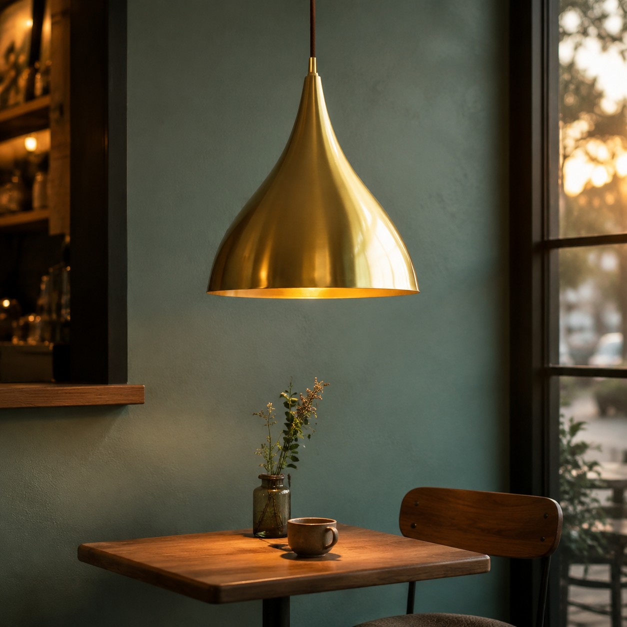 Solid brass pendant light above a warm dining table