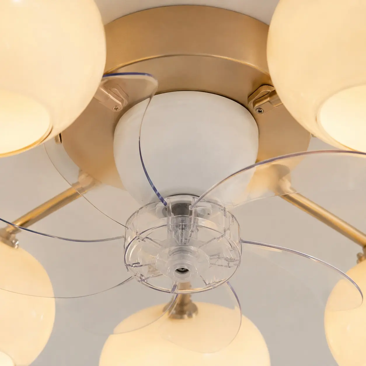 Close-up of the transparent fan blades and central motor